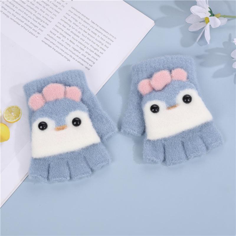 Children's Gloves Autumn and Winter Warm Half-finger Flip Cartoon Cute Knitted Fingerless Baby Plus Velvet and Thickening for Men