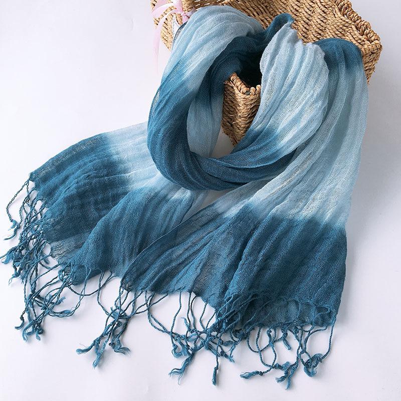 Gradual Change Color Hanging Dye Scarf Japanese Literary And Artistic Versatile Temperament Fringed Hemp Silk Scarf Women Solid Color Linen Scarf