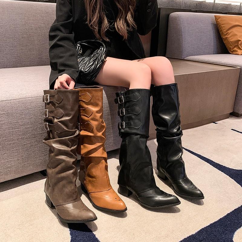 Платформа женские ковбойские сапоги в стиле вестерн модные слипоны съемные рыцарские длинные сапоги осень-зима толстый каблук женская обувь