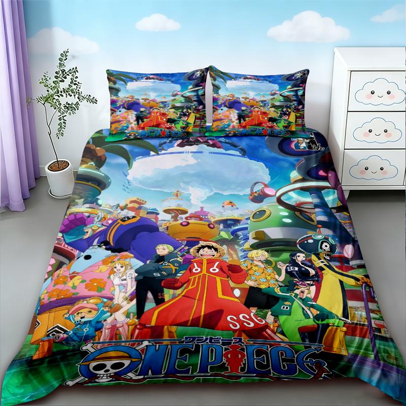 Luffy Duvet Cover Set One Piece Anime Cartoon Bedding Set Quilt Cover Comfortable for Bedroom Dormitory Teens Gifts
