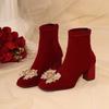 Цветочные ботильоны на толстом каблуке с квадратным носком, водонепроницаемые, из столового бархата, бордовые, свадебные, осенне-зимние, атмосфера 2025, новая модная женская обувь