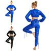 Waterproof Vinyl Long Sleeve Crop Top and Elastic Waist Capri Pants Set with Back Zipper Side Drawstrings for Women Fitness Workout