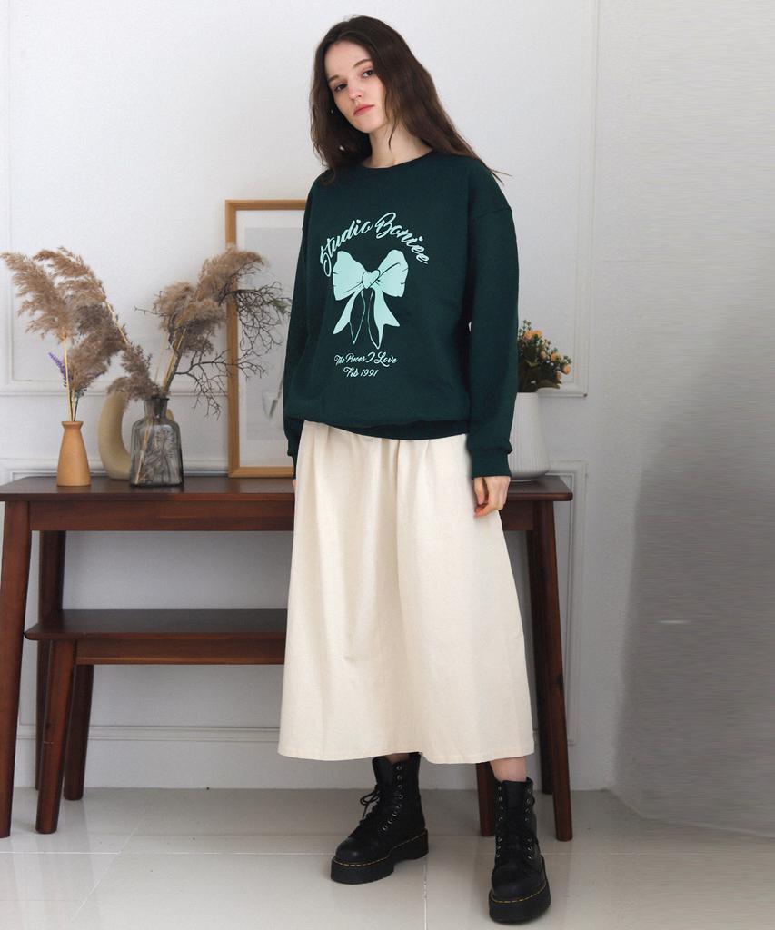 BONIEE [Fleece Lined] Ribbon Graphic Oversized Sweatshirt Green