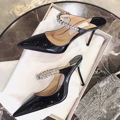 Мода 2025 Лето Новые Баотоу Полушлепанцы Женские Изящные С Острым Носком Стразы Все Носят Сеть Красный Прилив Высокие Каблуки