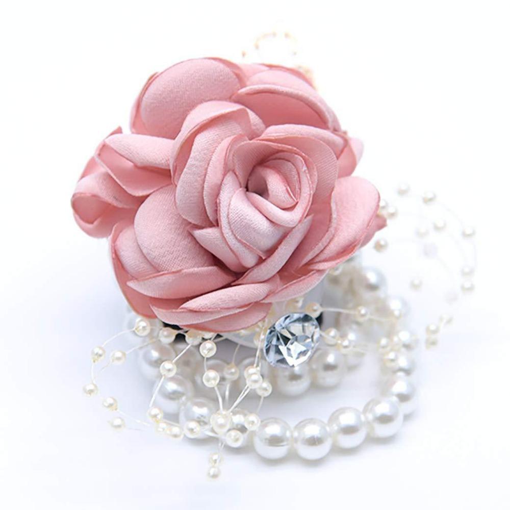 2Pcs Artificial Flowers Wedding Girl's Wrist Corsage Bracelets Bridesmaid Pearl Bracelet Women's Hand Flower for Wedding Party Prom Homecoming Corsage