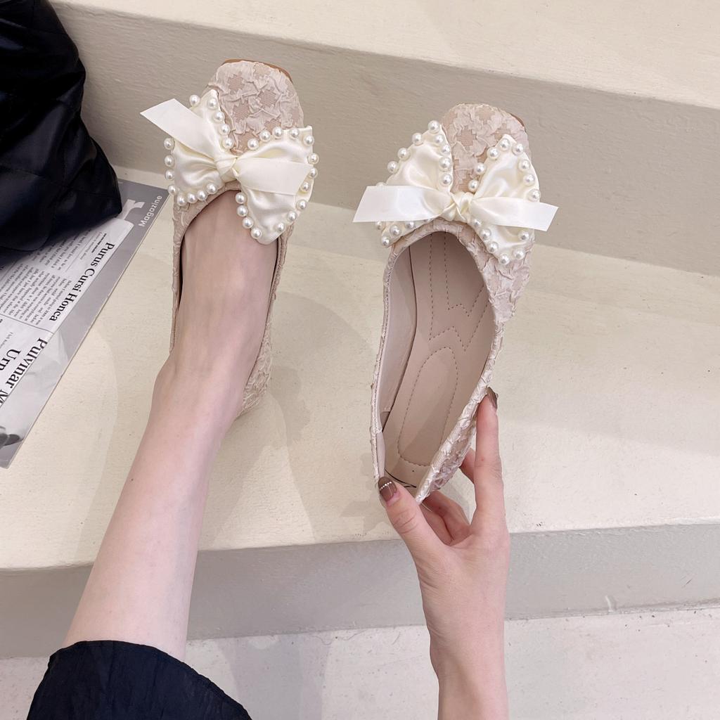 Single Shoes Women's Summer 2025 New Fashionable Versatile Retro Bow Pearl Shallow Mouth Square Head Non-slip Doudou Shoes