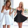 Women Sexy Waist Lace Splicing Suspenders Low Cut Backless Off Shoulder Expansion A-line Minidress