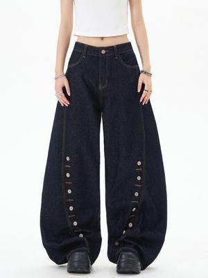 Zhenmei Ретро Изогнутый Нож Синие Джинсы Унисекс Широкие Штанины Высокий Дизайн