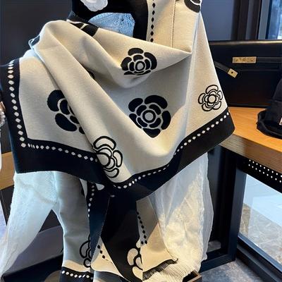 Нежный жаккардовый шарф с цветами камелии, имитация кашемира, мягкий, теплый, короткий шарф-шаль с бахромой, зимний, универсальный, холодостойкий, одеяло-шарф