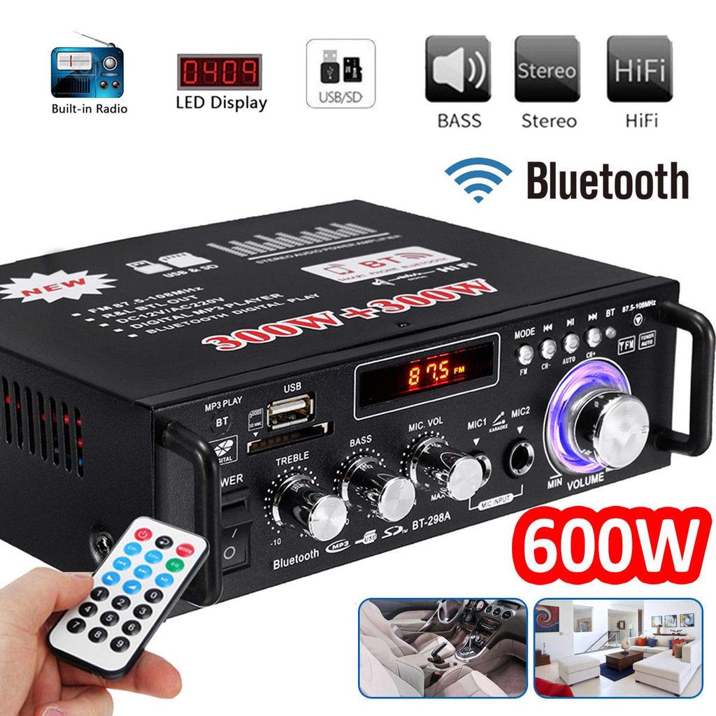 2ch High Output Audio Compact Effective Maximum Output 300W Bluetooth Connection Card Playback Stereo Power Microphone Input 12V 5A Adapter Included