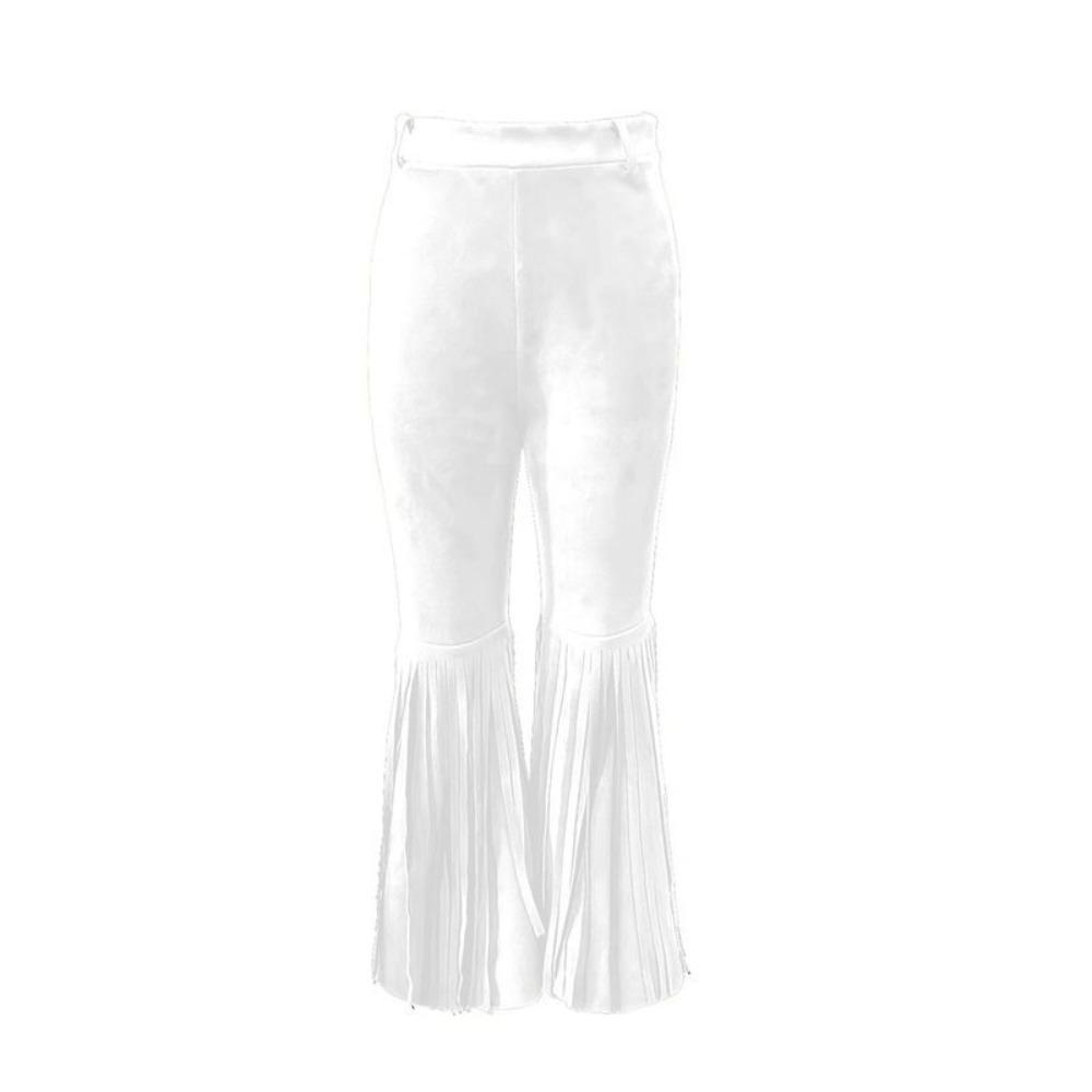 Solid Color Suede Tassel Pants Fringe Hem Slim Fit Flare Pants Retro High Waist Trousers Party