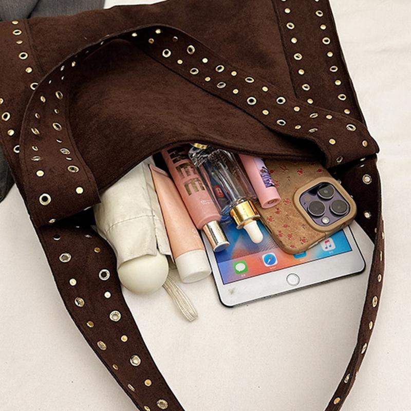 Ретро Замшевые Сумки через Плечо с Заклепками, Рабочие Сумки из ПУ Кожи, Большая Сумка-Тоут, Мешковатая Сумка-Локомотив для Женщин, для Путешествий, Зима, Осень