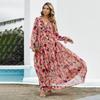Women's V-neck Floral Long Sleeve Dress Loose Casual Chiffon Long Dresses