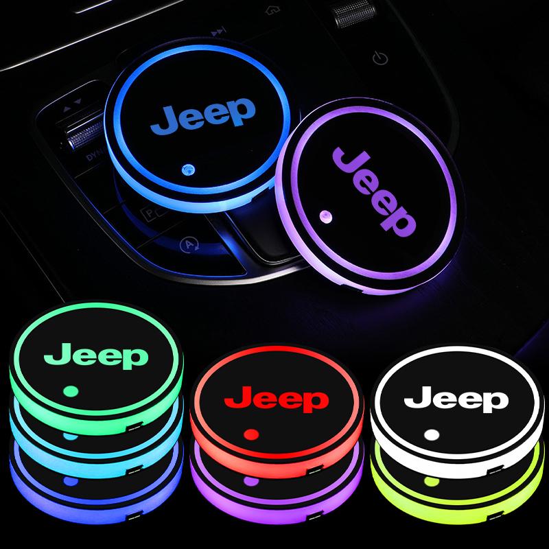 2PCS Car Coasters Luminous Water Cup Holder Glowing Mat Accessories For Jeep Grand Cherokee Trail Hawk Wrangler Renegaed Compass AMR1
