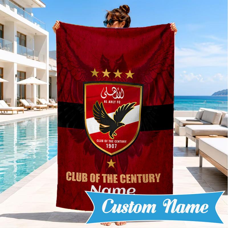 Custom Name Beach Towel Ahly FC Crest Microfiber Beach Towel, Lightweight for Summer Travel, Swimming Pool Fan Birthday Gift