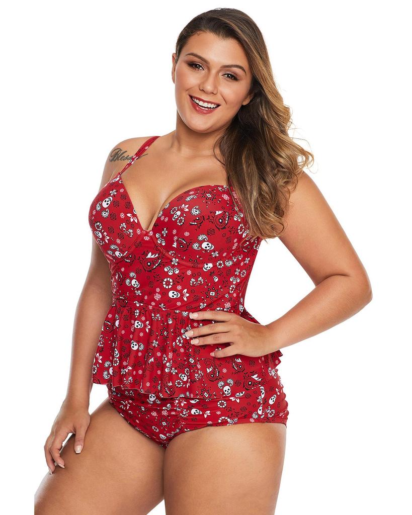 Azura Exchange Red Print Moulded Cups Peplum Plus Size Bikini