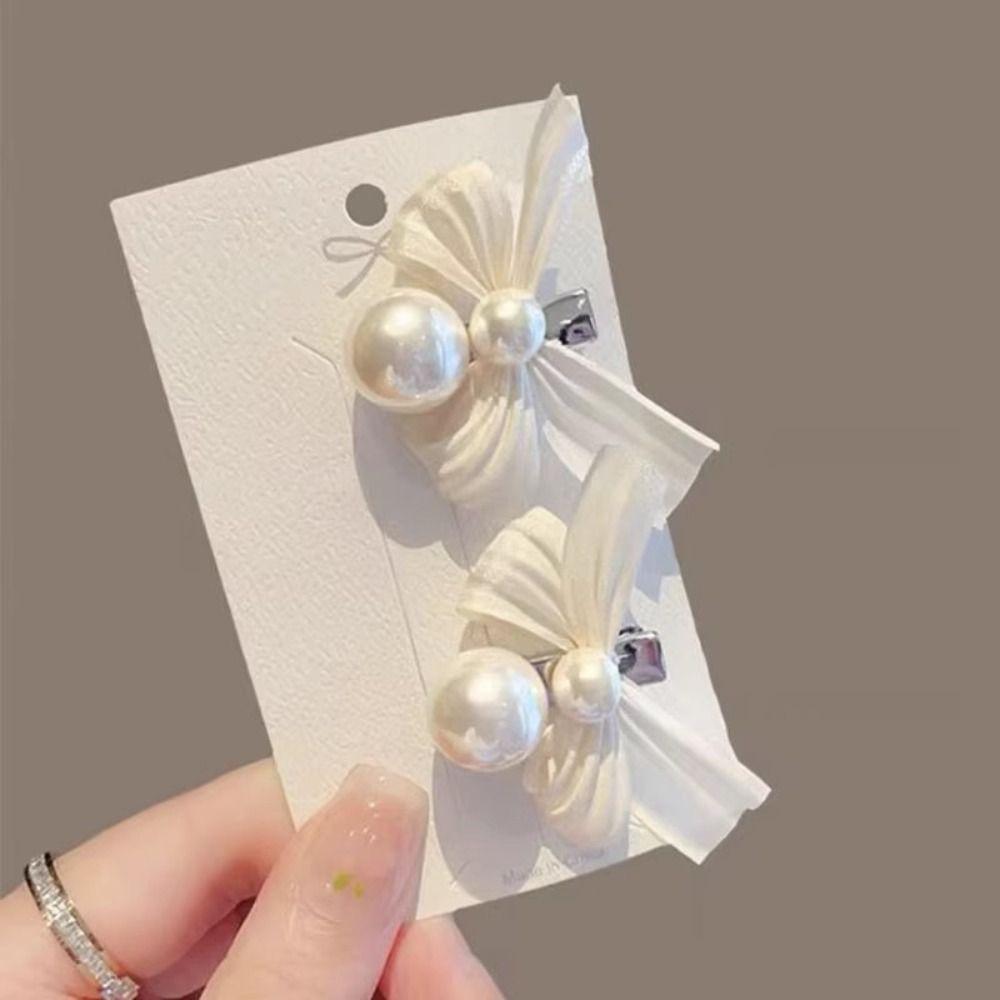 Trendy Bow Pearl  Hairpin Elegant Bangs Pearl Clips Fashion Bowknot Hair Clips  Wedding