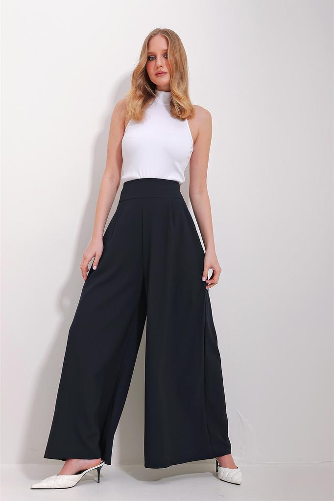 Женские брюки, модные черные брюки нового сезона с высокой талией и боковой молнией, широкие тканые брюки