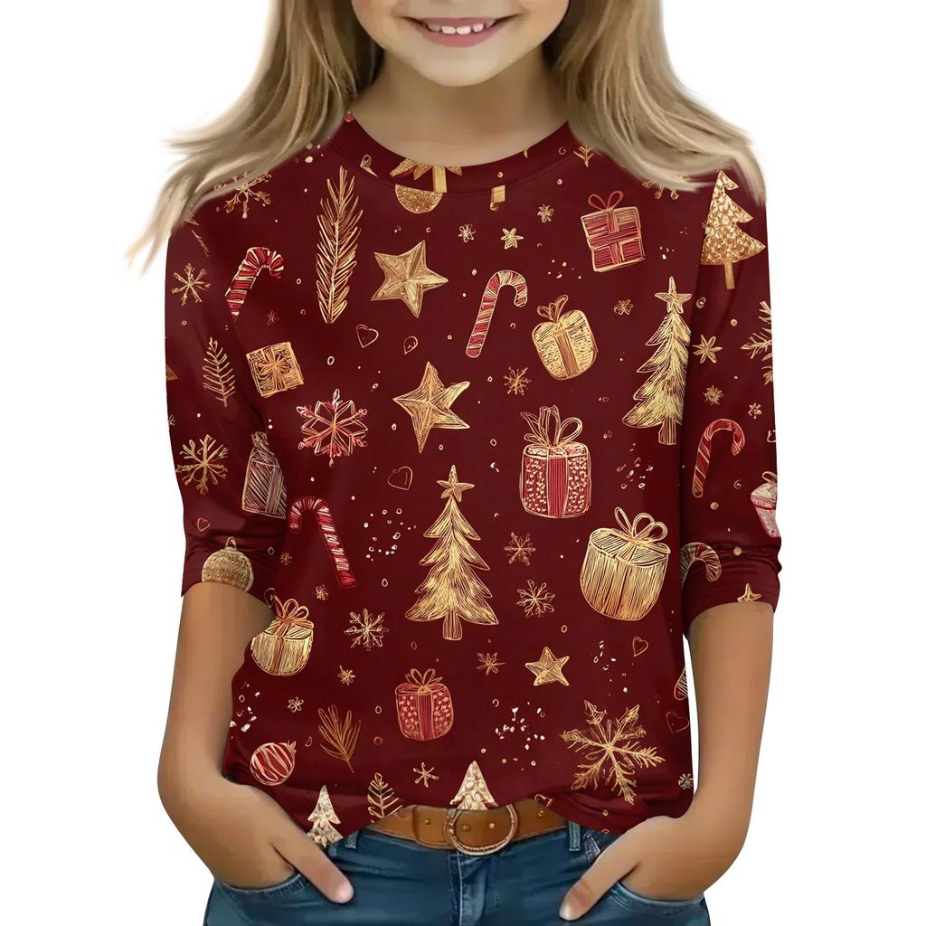 Children's 3/4 Sleeve Tops Casual Christmas Print T Shirt Round Neck Pullover Blouse