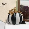 Hand Painted Retro Style Decor Black And White Striped Pumpkin Ornament, Resin Three Dimensional Sculpture Tabletop Centerpiece, Halloween Ornament