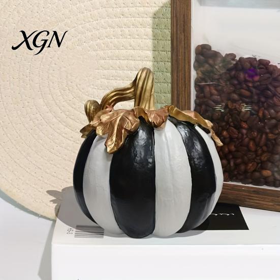 Hand Painted Retro Style Decor Black And White Striped Pumpkin Ornament, Resin Three Dimensional Sculpture Tabletop Centerpiece, Halloween Ornament