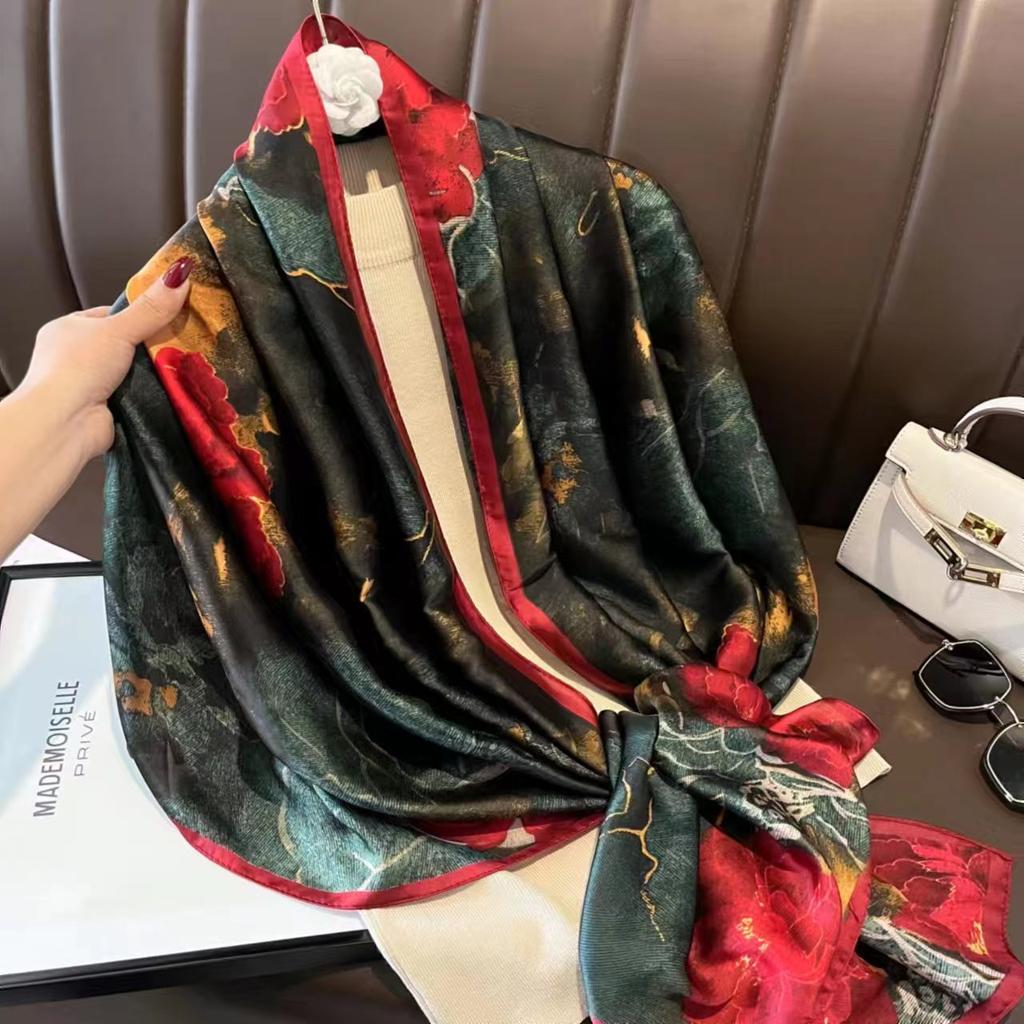 New Spring and Autumn Retro Floral Cranes Temperament Simulation Silk Large Long Scarf Sunscreen Outwear Shawl Female Silk Scarf