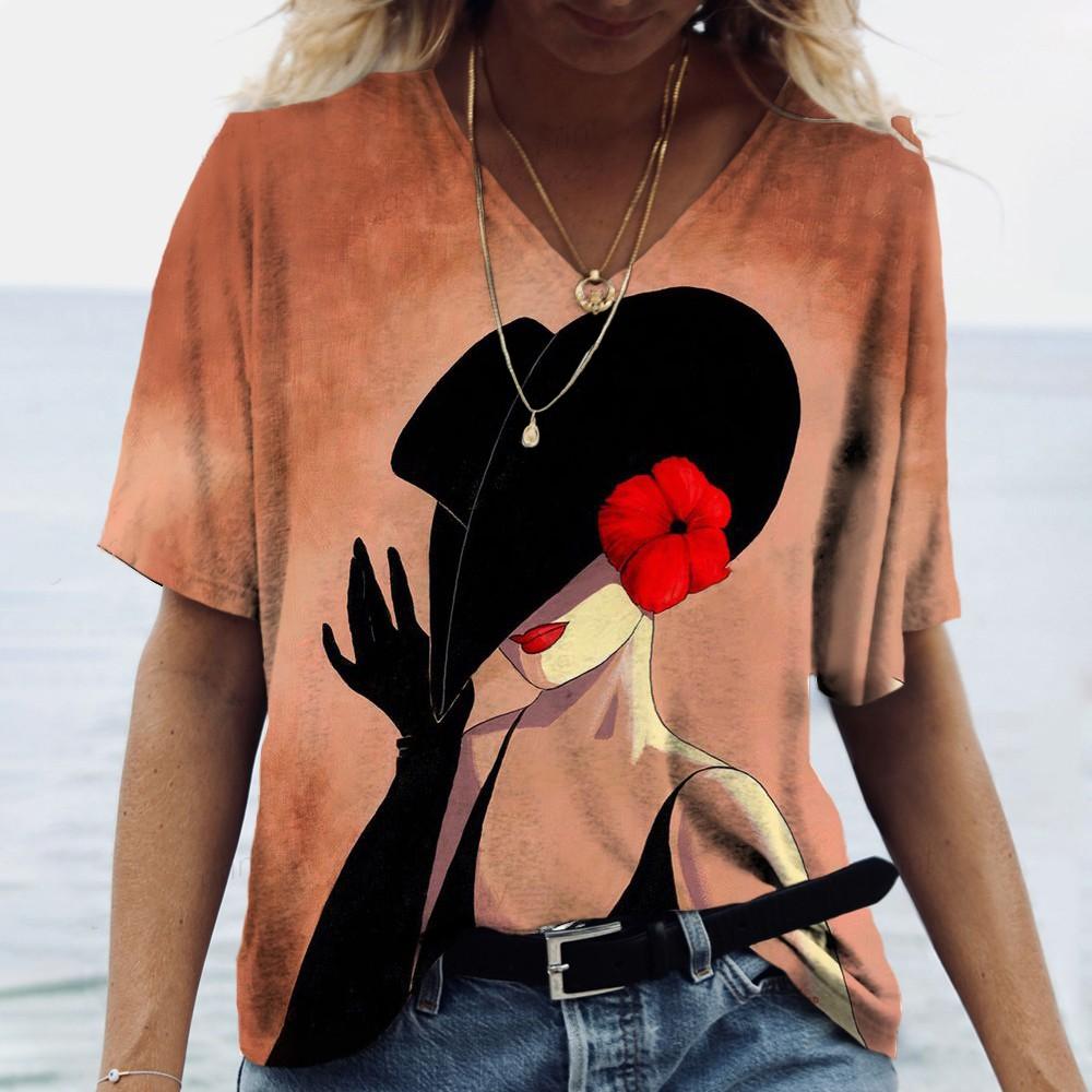 S-5XL Большие размеры Топы с принтом Женская футболка Сексуальный V-образный вырез Короткий рукав Летние женские топы Одежда Уличная мода Женские пуловеры