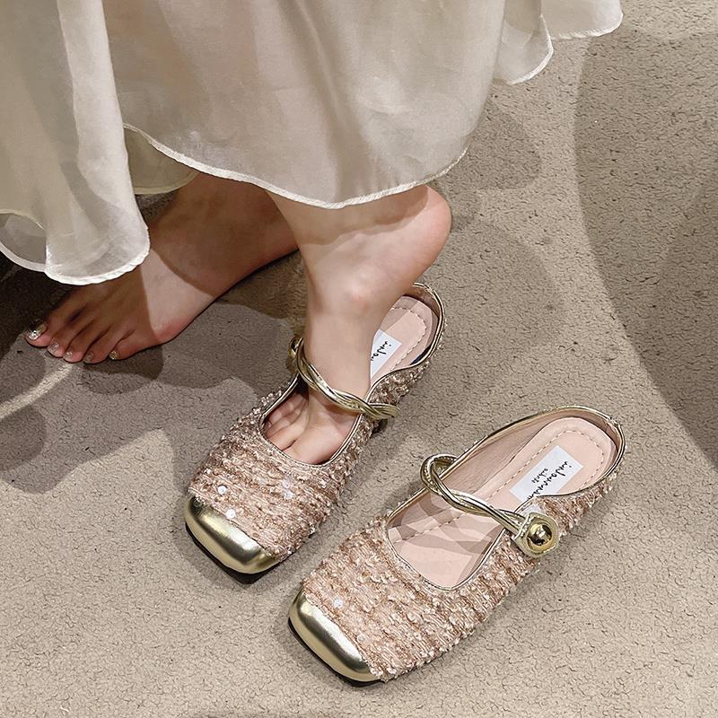 Босоножки на плоской подошве, юбка, классные тапочки, женские, с пайетками, каблук, сумка, голова, полутапочки Мэри Джейн, низкие, новый стиль с модой