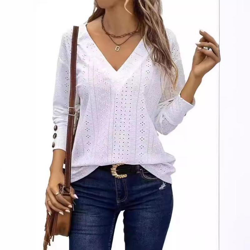 Женская футболка с V-образным вырезом, открытыми плечами, длинными рукавами и пуговицами