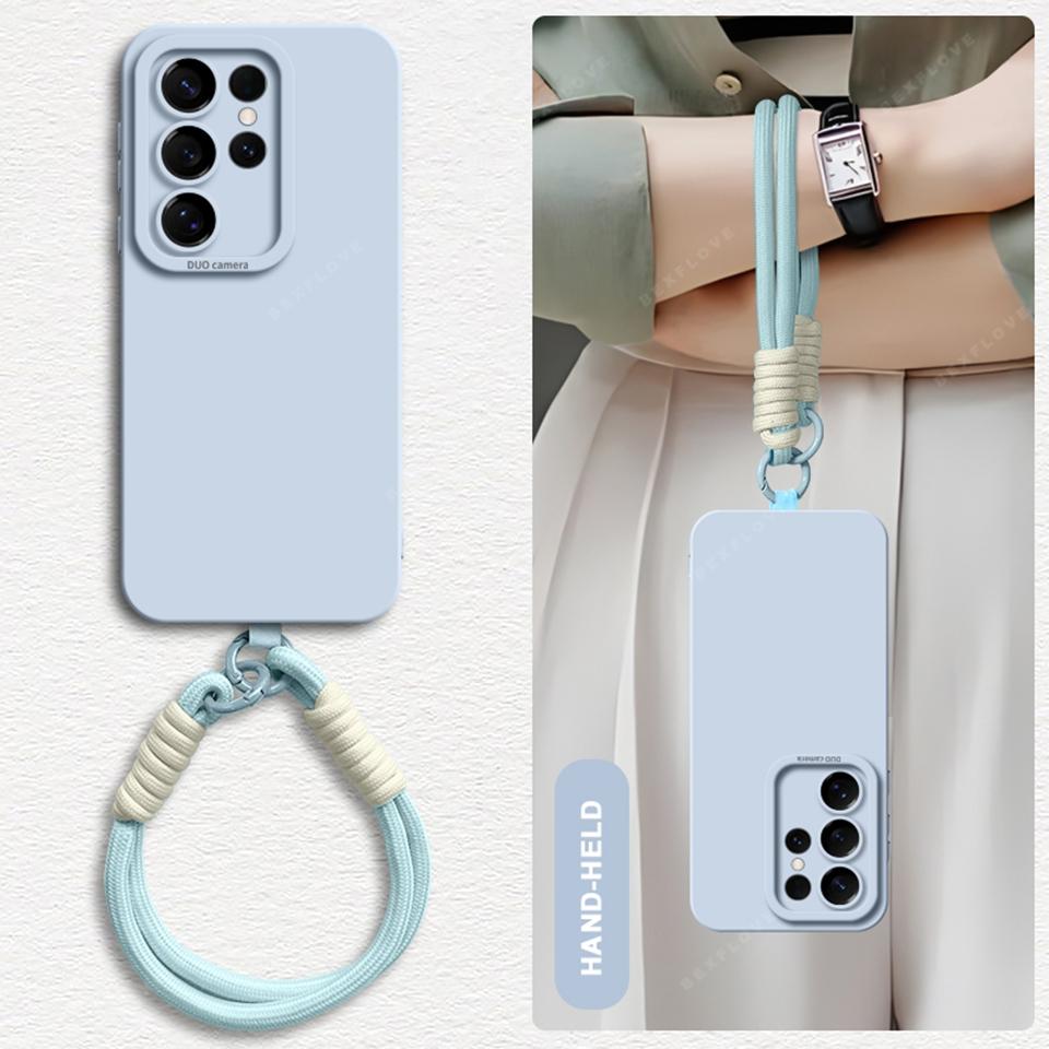 Wrist Strap Liquid Silicone Phone Case For Samsung Galaxy S24 S23 S22 S25 Ultra Plus A54 A53 A52 A55 5G Lanyard Original Cover