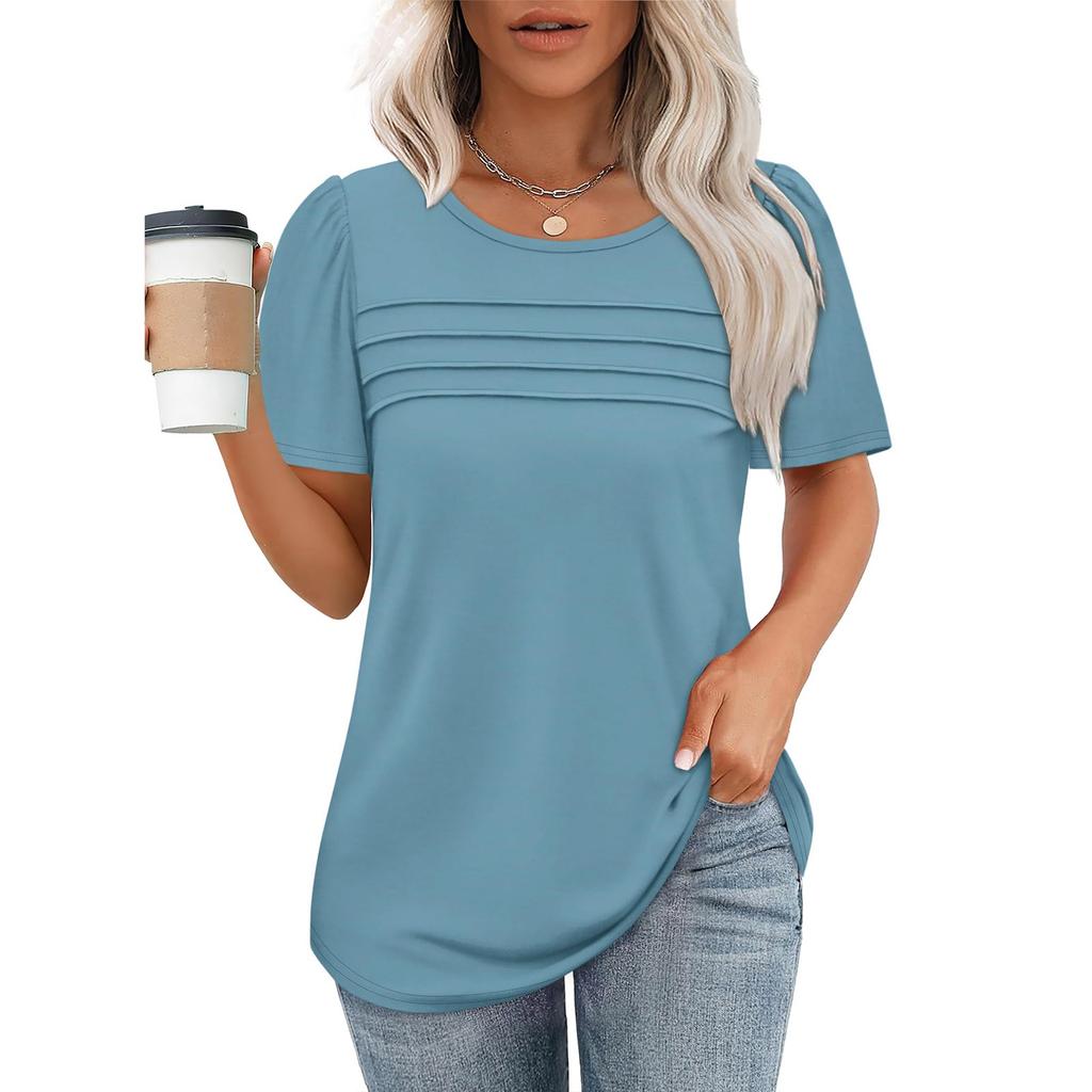 Fashion Tops Pleated Round Neck Short Sleeve T-Shirt