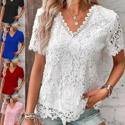 Летняя мода для девочек, элегантная, сексуальная, с V-образным вырезом, кружевная, с коротким рукавом, женская верхняя одежда, ажурные блузки, уличная одежда для отдыха