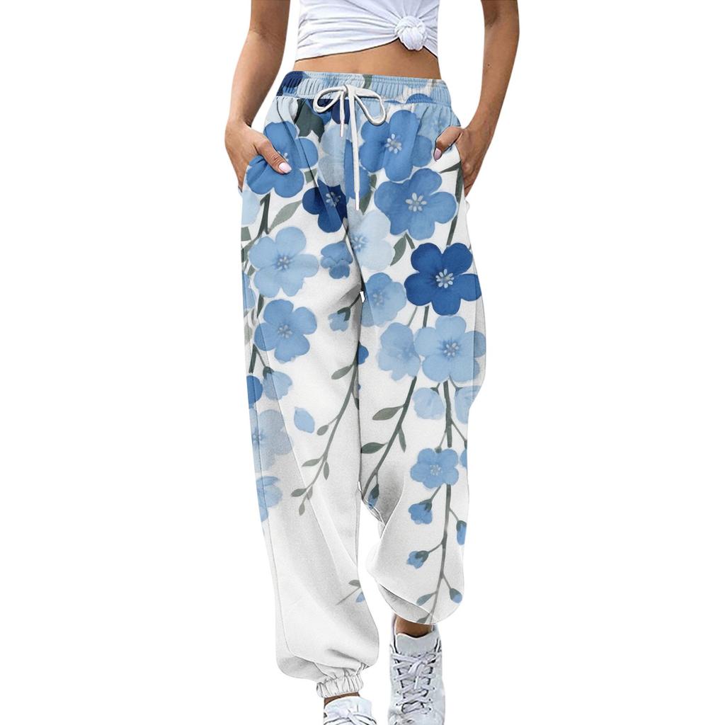 Women's Sports Pants With Pockets Fashion Floral Print Elastic Waist Pants Casual Sweatpants Pants