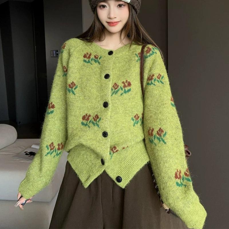 Flower Decoration Women's Sweater Round Collar Solid Color Long Sleeved Cardigan French Style Autumn New Version Sweet Woman Top