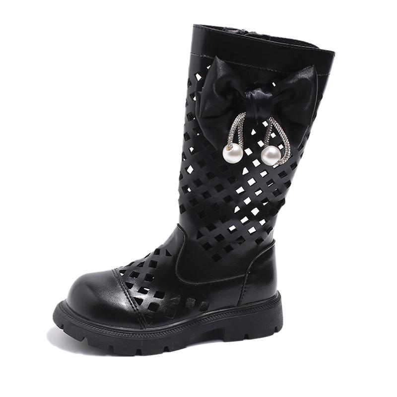 Children Chain High Boots Summer Girls Hollow Princess Boots with Bow-knot Kids Fashion Fashion PU Boots Side Zip Low Heels