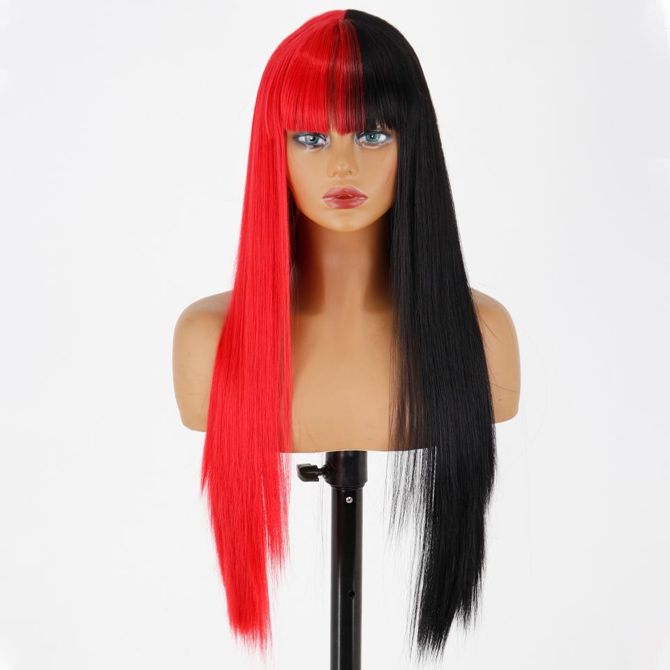 MISS WIG Women Fashion Long Straight Light Blonde Color Wig with Blunt Bangs Synthetic Fiber Daily Wear Long Straight Wig