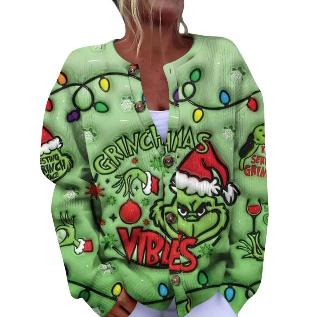 Women's Fashion Christmas Printed Long Sleeve Knitted Cardigan Button Down Jacket