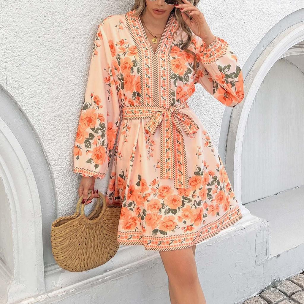 Весенние женские платья с V-образным вырезом и цветочным принтом, длинные рукава, завязки