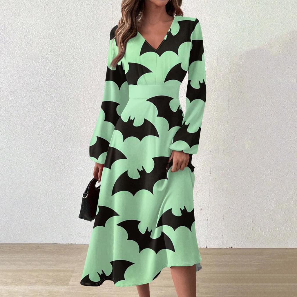 Женское осенне-зимнее повседневное модное длинное платье с v-образным вырезом и длинным рукавом с принтом