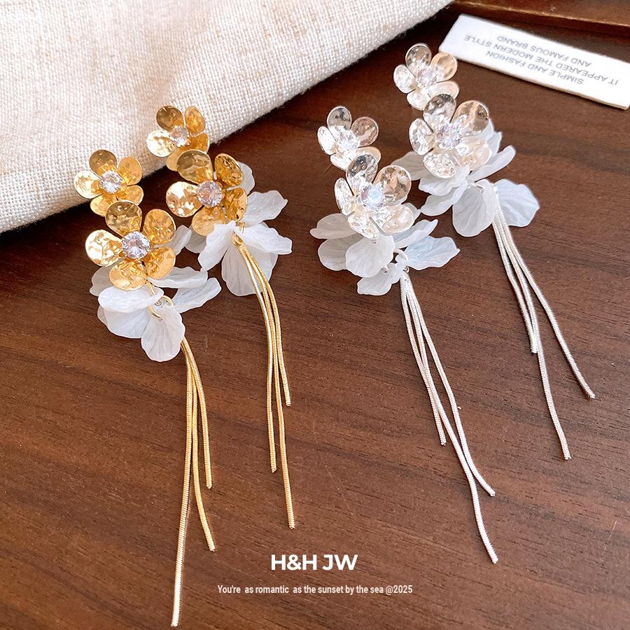 Silver needle zircon resin flower petal fringed earrings simple fashion exquisite stud earrings niche high-end earrings women