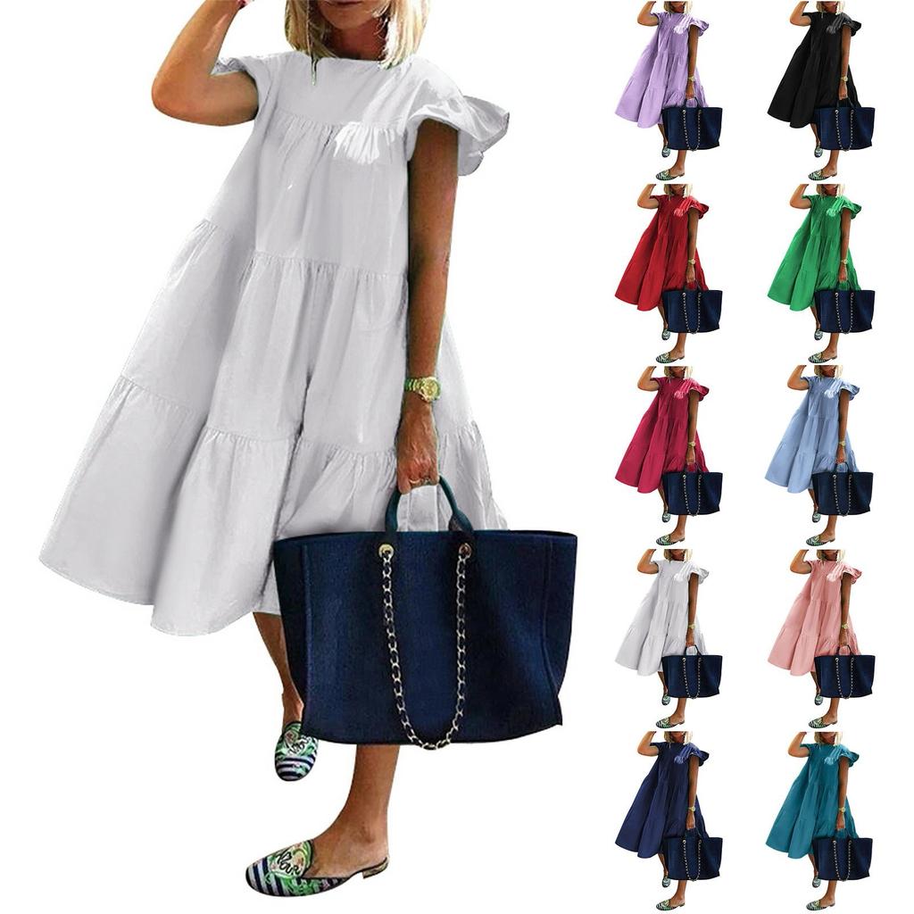 Women's Round Neck Casual Short Sleeve Ruffle-Trim Summer  Dresses