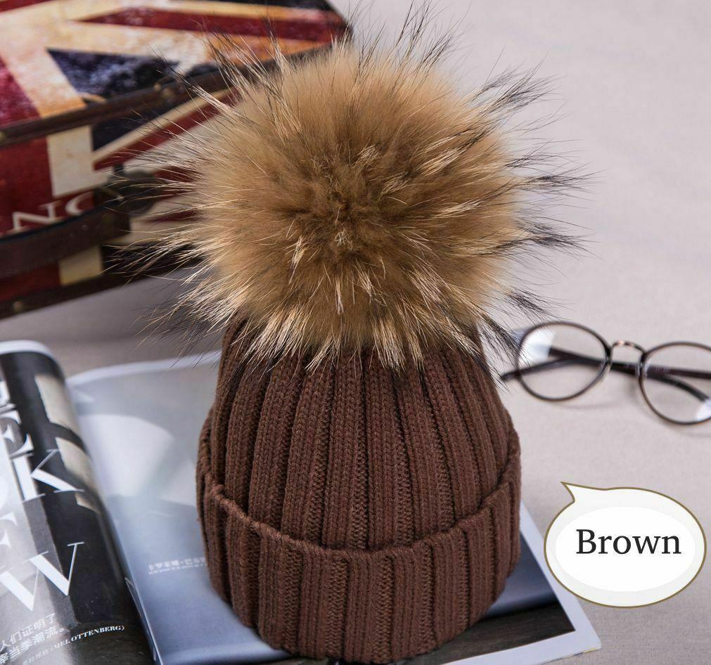 Women Winter Racoon Fur Pom Pom 16cm Ball Knit Beanie Ski Cap Bobble Hat