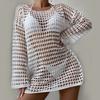 Summer Sexy Bikini Cover Up O-neck Long Sleeve Crochet Beach Dress Solid Color See-through Hollow Swimsuit Cover Up
