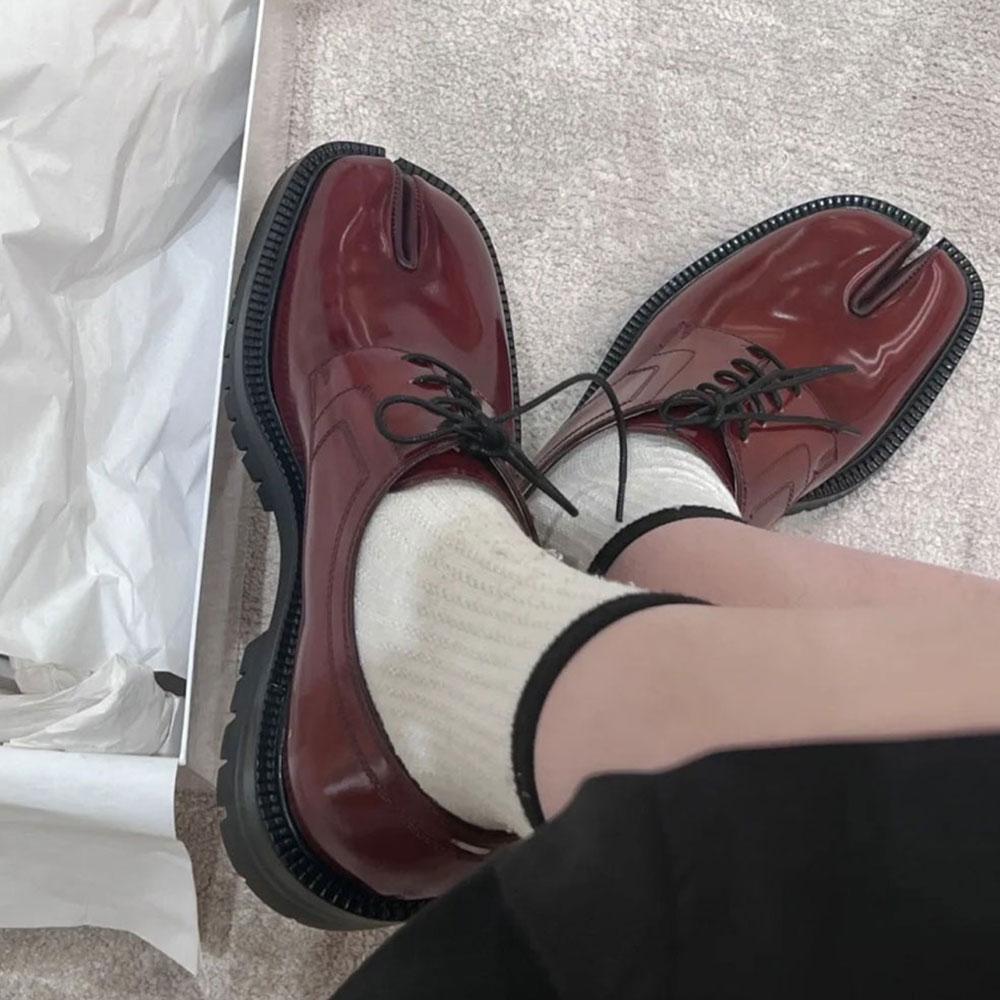 Лоферы с раздельным носком для женщин и мужчин. Туфли-таби. Лоферы на платформе и толстом каблуке. Повседневная кожаная обувь. Большой размер 46.