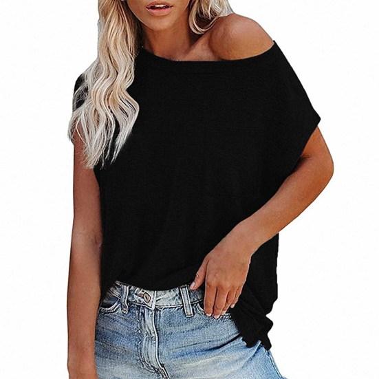 Women Summer Solid Color O-neck Off Shoulder Short Sleeves T-shirt with Pocket