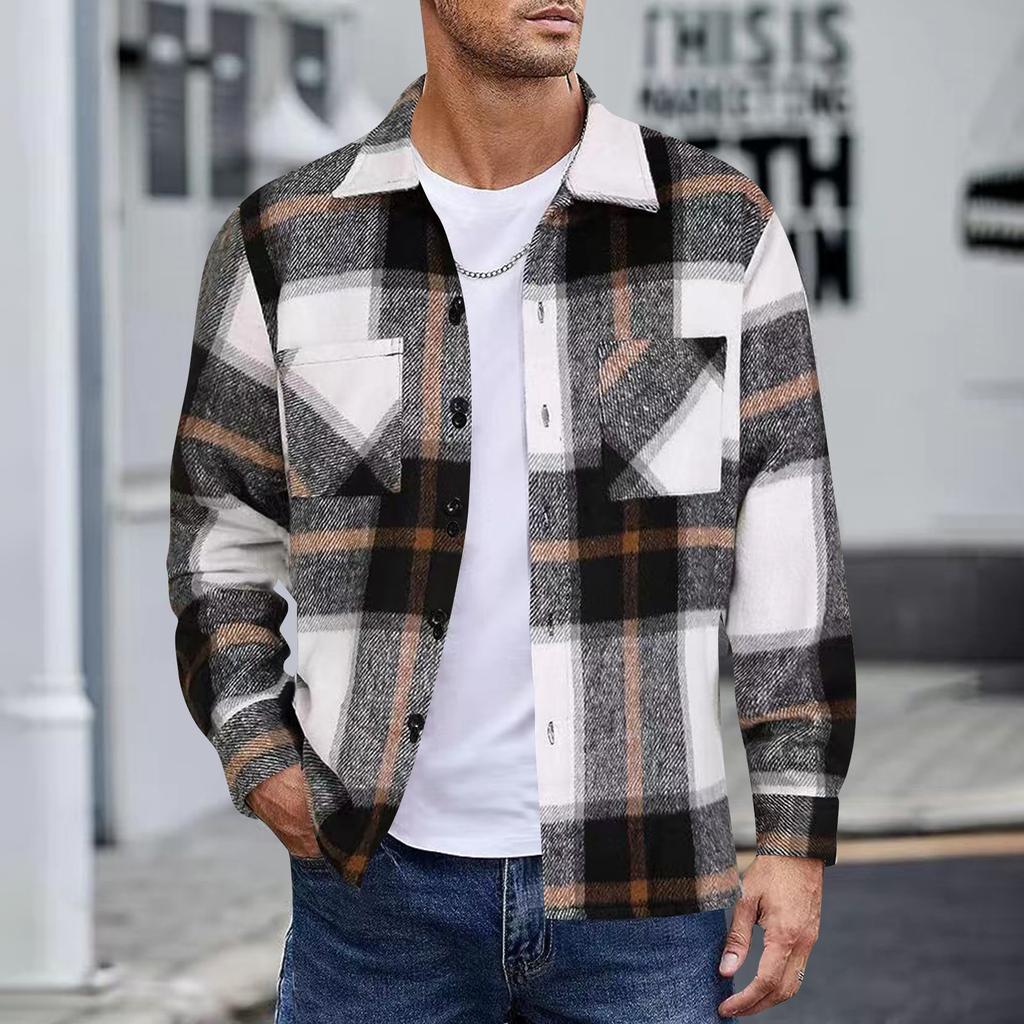 Men's Button Down Double Pocket Warm Plaid Colorblock Casual Comfortable Shirt Jacket