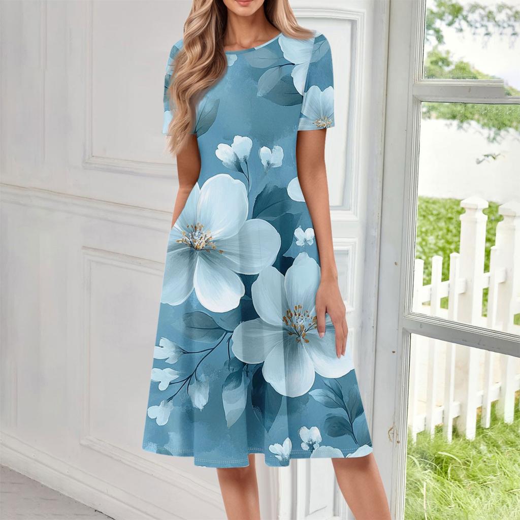 Женское повседневное модное платье миди с круглым вырезом и коротким рукавом с цветочным принтом