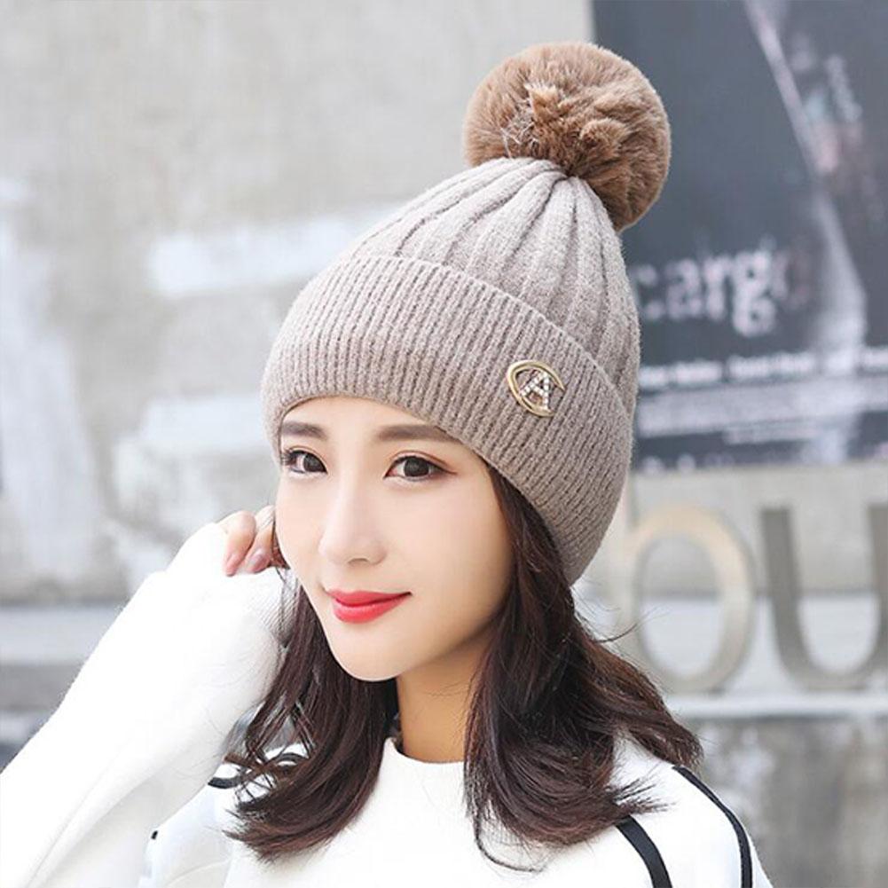 Winter Lady Fashion Thicken Beanie Knitting Wool Ball Solid Color Warm Hat Bonnet