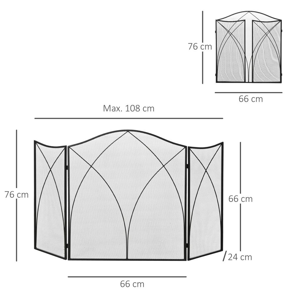 Spark Guard for Fireplaces, Triple Foldable, Metal Structure, Coating, 108x2x76 cm, Black