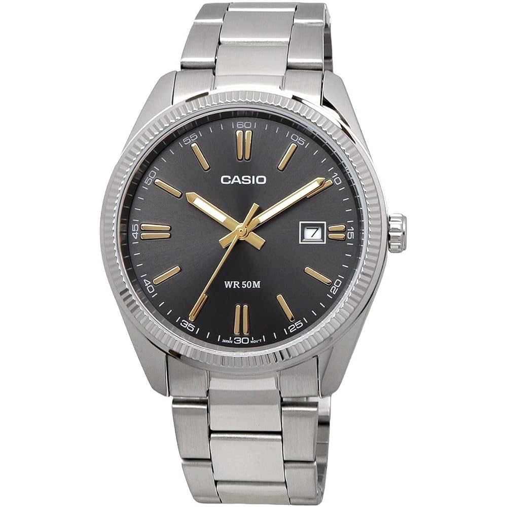 Casio MTP-1302D-1A2V Analog Quartz Men's Watch Silver Metal Band Dark Gray Dial Gold Index